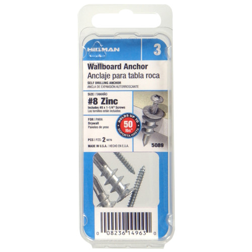 [5089] Hillman .164 in. Dia. X 1-1/4 in. L Zinc Pan Head Wallboard Anchors 2 Pack