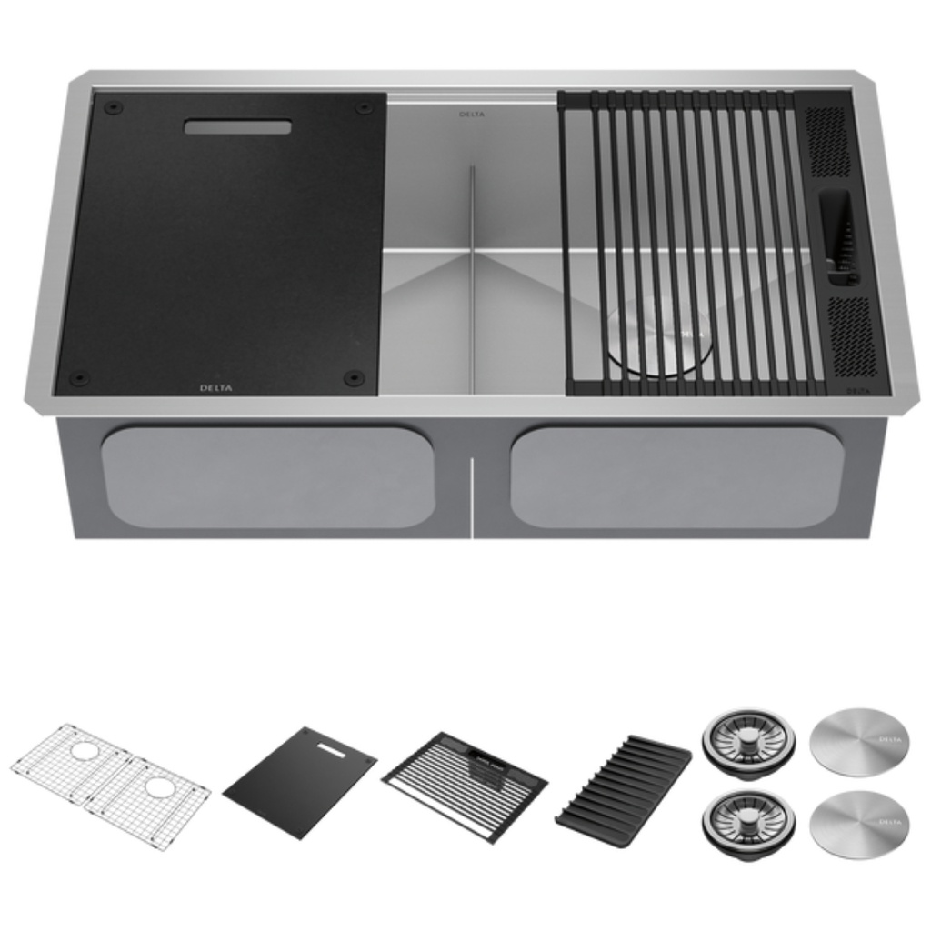 Delta 95B931-33D Rivet 33” Workstation Kitchen Sink Undermount   Stainless Steel 50/50 Double Bowl with WorkFlow Ledge and Accessories