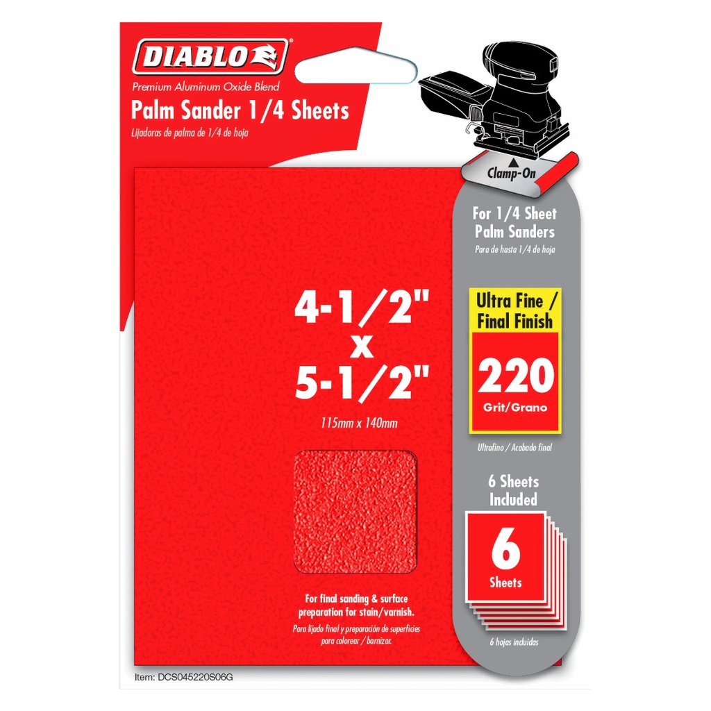 Diablo 5-1/2 in. L X 4-1/2 in. W 220 Grit Aluminum Oxide Sanding Sheet 6 Pk