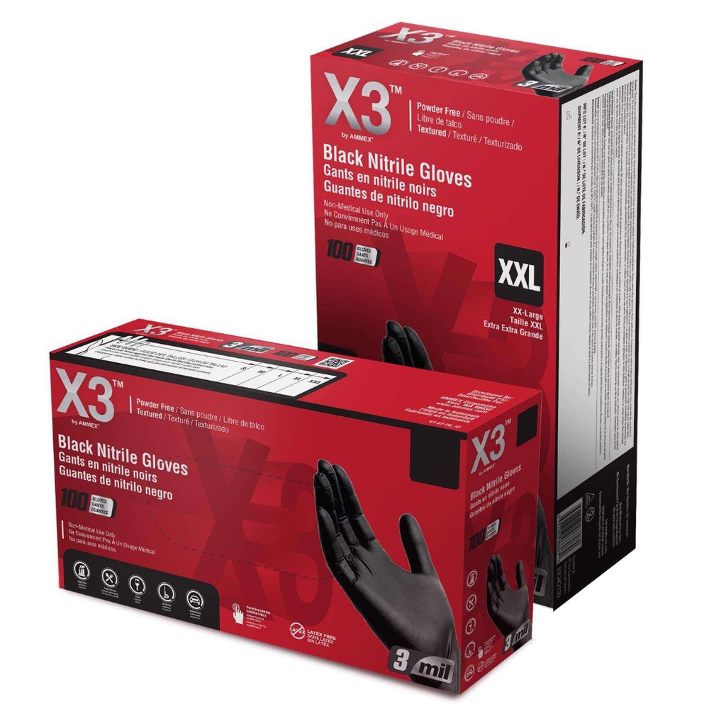 X3 Nitrile Disposable Gloves Medium Black Powder Free 100 Pk