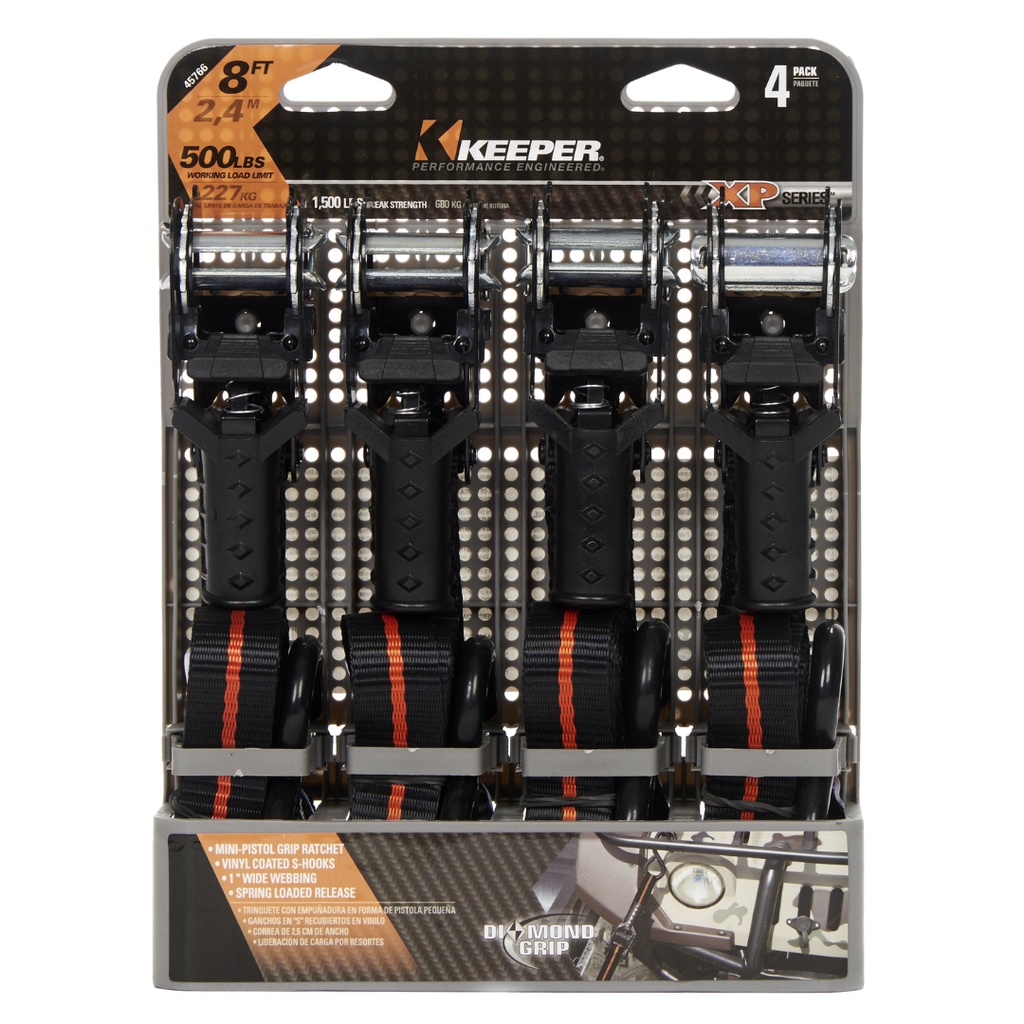 [8867095] Keeper 1 in. W X 8 Ft. L Black/Orange Ratchet Tie Down Strap 500 Lb 4 Pk