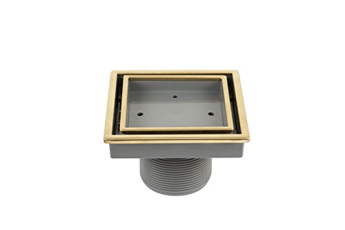 QM Tile-in Center/Square Shower Drain in Gold  Stainless Steel Marine 316 Frame + ABS  Lagos Series Veil Line  Kit Includes: Hair Strainer  Key
