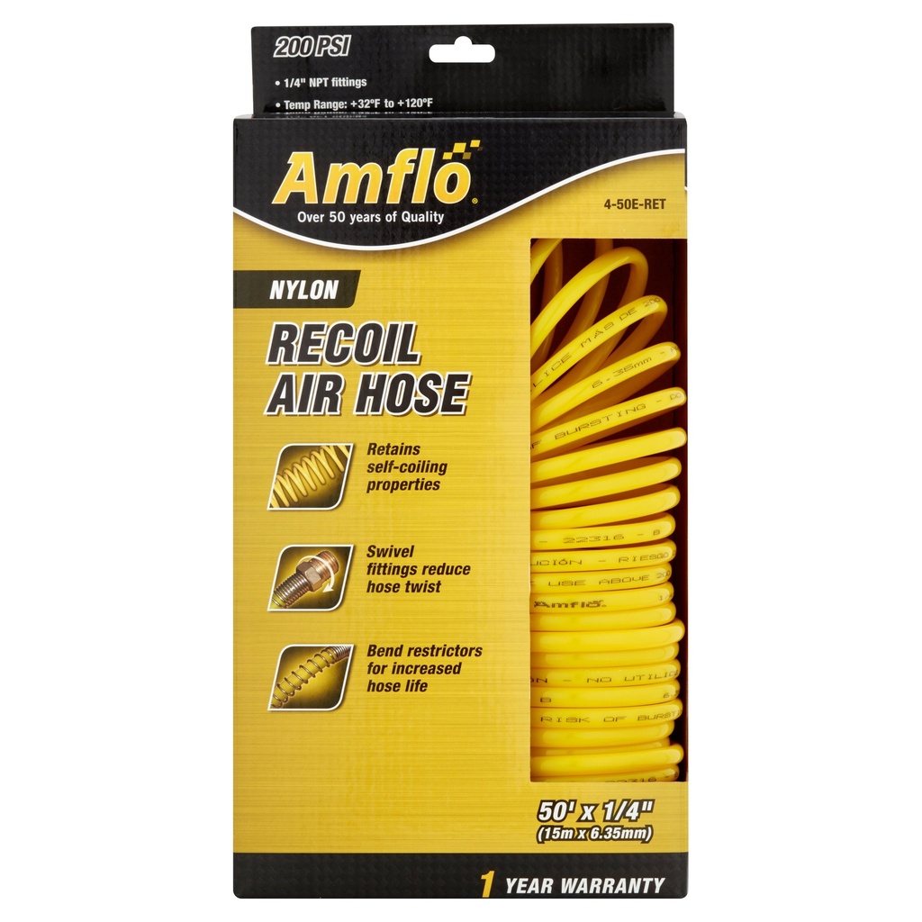 Amflo 50 Ft. L X 1/4 in. D Nylon Recoil Air Hose 200 PSI Yellow