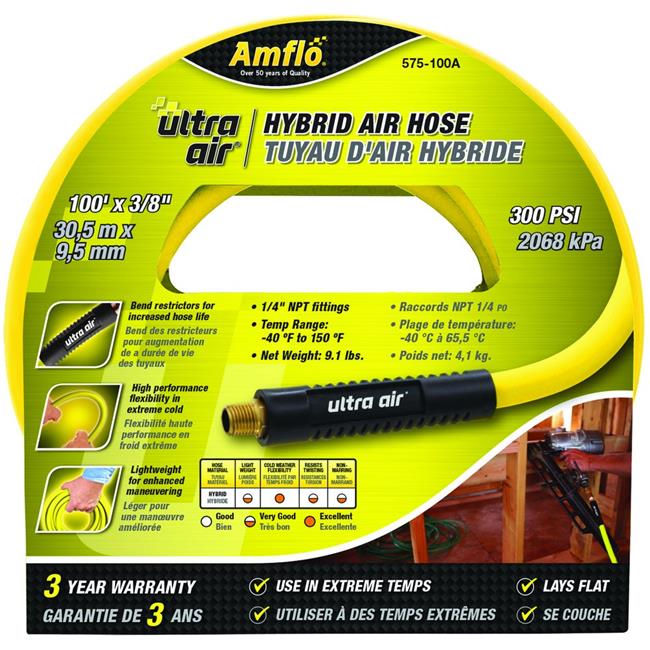 Amflo Ultra Air 100 Ft. L X 3/8 in. D Rubber/PVC Hybrid Air Hose 300 PSI Yellow