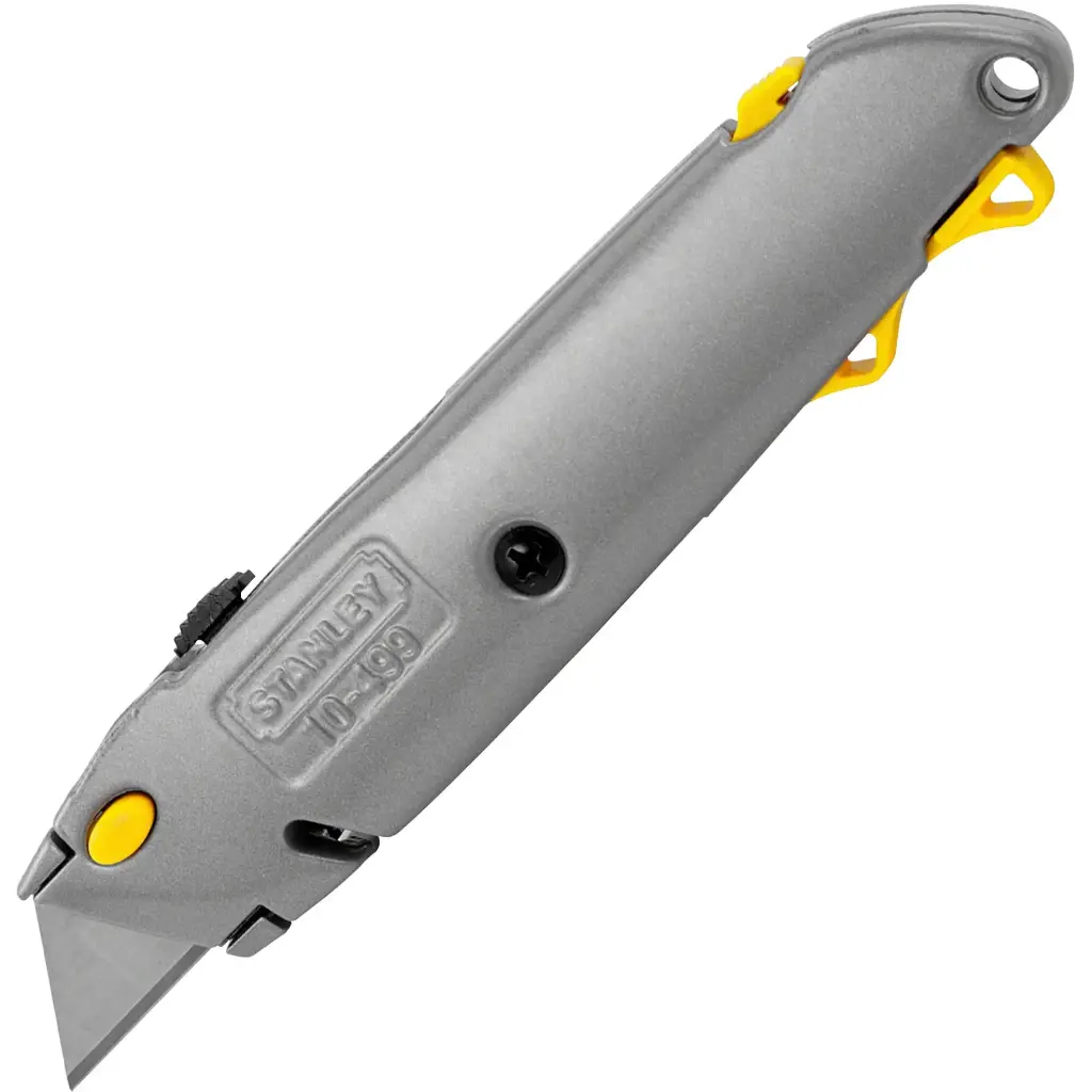 Quick-Change Utility Knife with Twine Cutter and (3) Retractable Blades, 6.38" Metal Handle, Gray