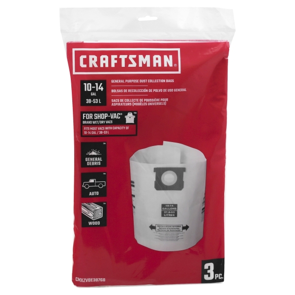 Craftsman 2 in. L X 10 in. W Wet/Dry Vac Filter Bag 10-14 Gal 3 Pc