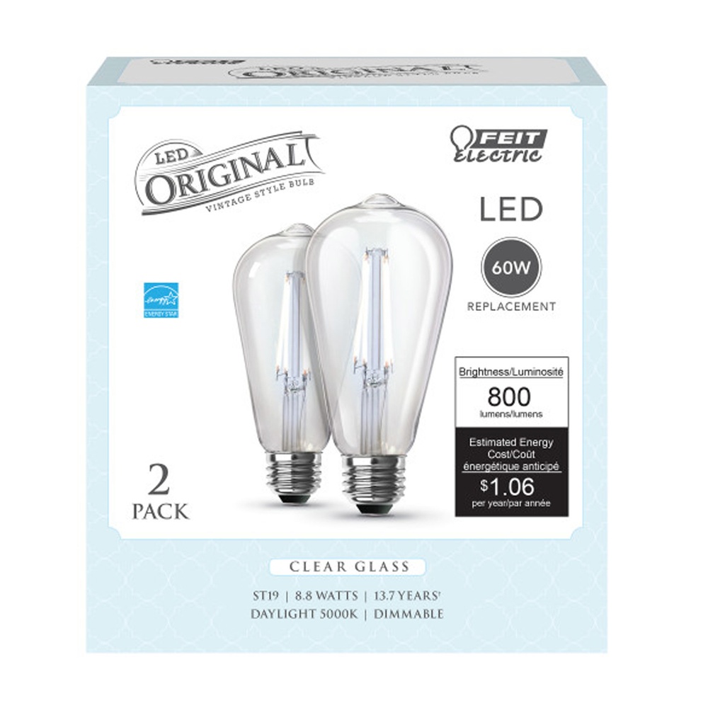 Feit ST19 E26 (Medium) Filament LED Bulb Daylight 60 Watt Equivalence 2 Pk