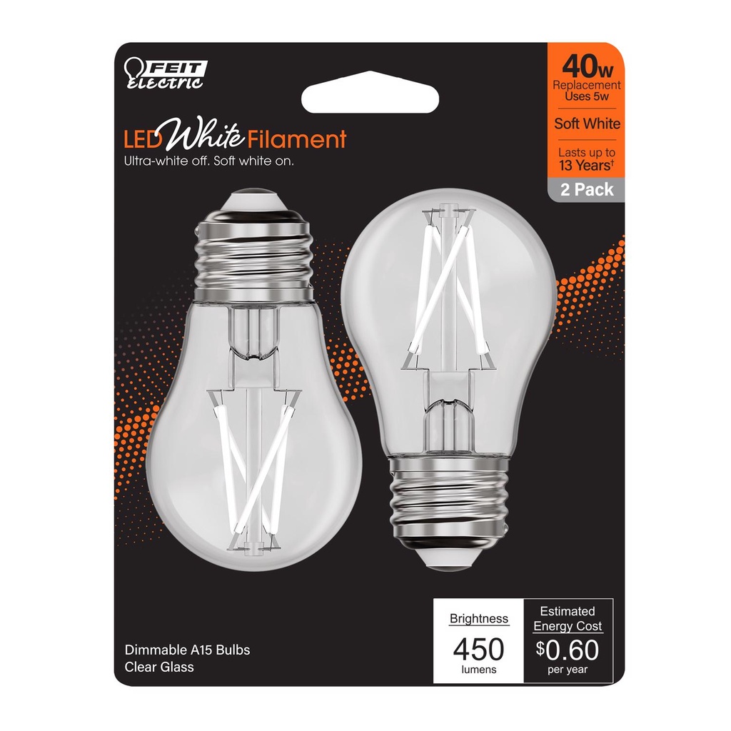 Feit White A15 E26 (Medium) Filament LED Bulb Soft White 40 Watt Equivalence 2 Pk