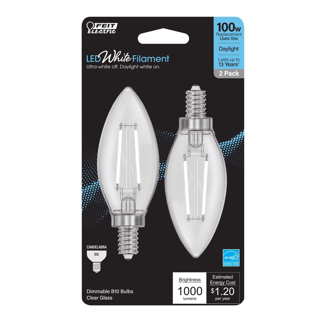 Feit White B10 E12 (Candelabra) Filament LED Bulb Daylight 100 Watt Equivalence 2 Pk