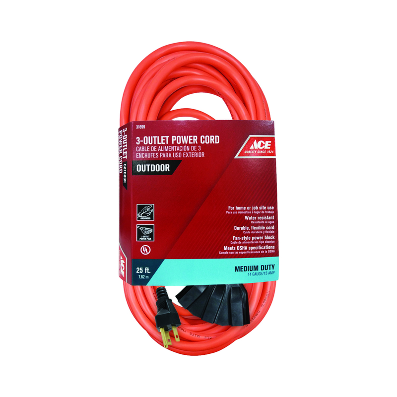 Ace Indoor or Outdoor 25 Ft. L Orange Triple Outlet Cord 14/3 SJTW