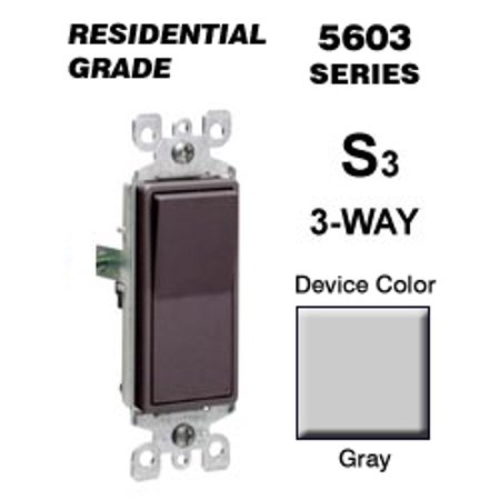 [3201671] Leviton 5603-2GY Rocker Switch Decora 3-Way 15 Amp 120/277 VAC Grounding Residential Grade Quickwire Push-in and Side Wired - Gray