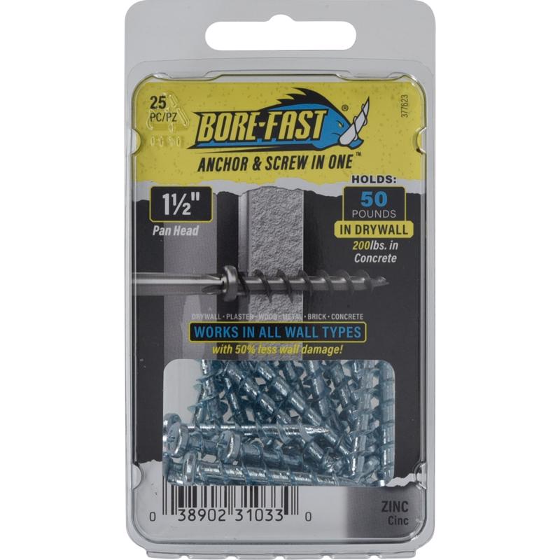 Bore-Fast 3/16 in. D X 1-1/2 in. L Steel Pan Head Screw and Anchor 25 Pc