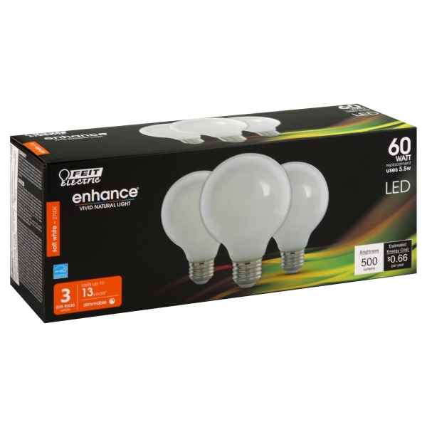 Feit Enhance G25 E26 (Medium) Filament LED Bulb Soft White 60 Watt Equivalence 3 Pk