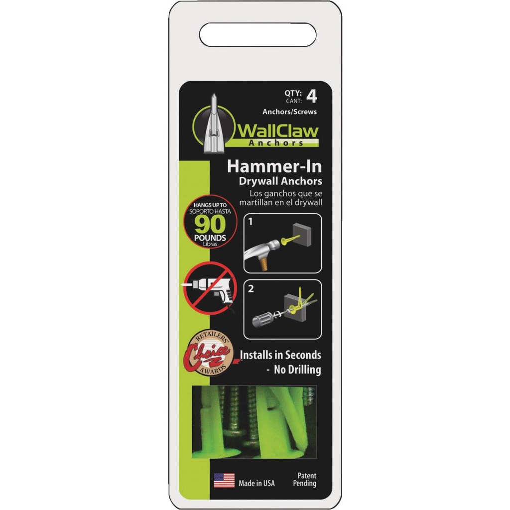 [400005135] WallClaw Anchors .25 in. D X 2 in. L Plastic/Steel Pan Head Wallboard Anchors 4 Pk