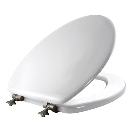 [4207379] Mayfair by Bemis Elongated Enameled Wood Toilet Seat with Never Loosens Brushed Nickel Hinge White