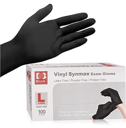 Basic Vinyl Synmax Exam Gloves SGBE8003  Powder Free  Latex Free  Protein Free  1 Pack (100 Count) - Black  Large