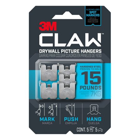 3M 15lb CLAW Drywall Picture Hanger with Temporary Spot Marker + 5 Hangers and 5 Markers: Metal Hooks, 15lb Capacity