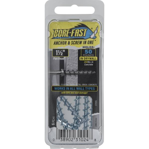 Bore-Fast 3/16 in. D X 1-1/2 in. L Steel Pan Head Screw and Anchor 6 Pc