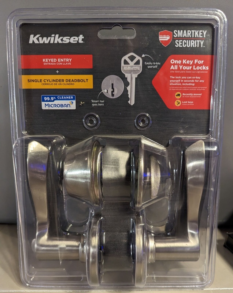 Kwikset SmartKey Security Balboa Satin Nickel Deadbolt and Entry Door Knob KW1 2-3/4 in
