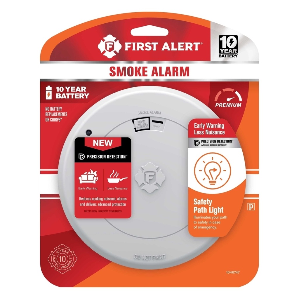 First Alert Alarm Smoke DC10 with LGT SM210L Clam Tray: 10 Year Warranty, Lithium Battery, No Hardwired Install Needed