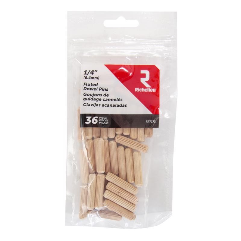 Fluted Wood Dowel Pin 1/4 in. D X 1.125 in. L Natural, 36PK
