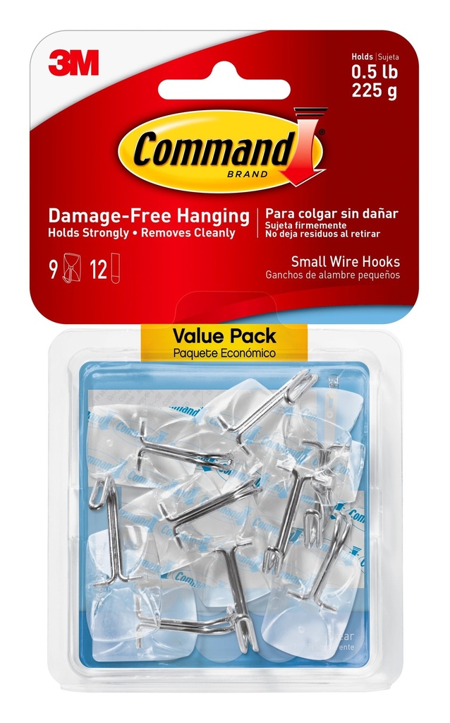 Clear Hooks & Strips, Plastic/wire, Small, 9 Hooks W/12 Adhesive Strips per Pack