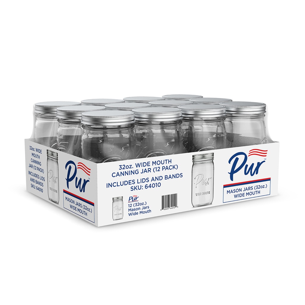 Pur Mason Wide Mouth Canning Glass Jar with Lid & Band, 32-oz/946-mL, 12-pk