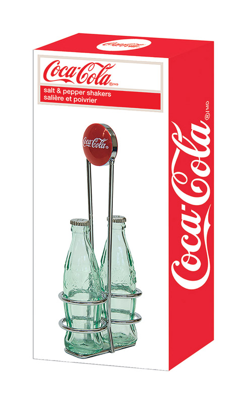 TableCraft Coca-Cola Clear Glass/Steel Salt and Pepper Shakers W/Rack 1 Oz