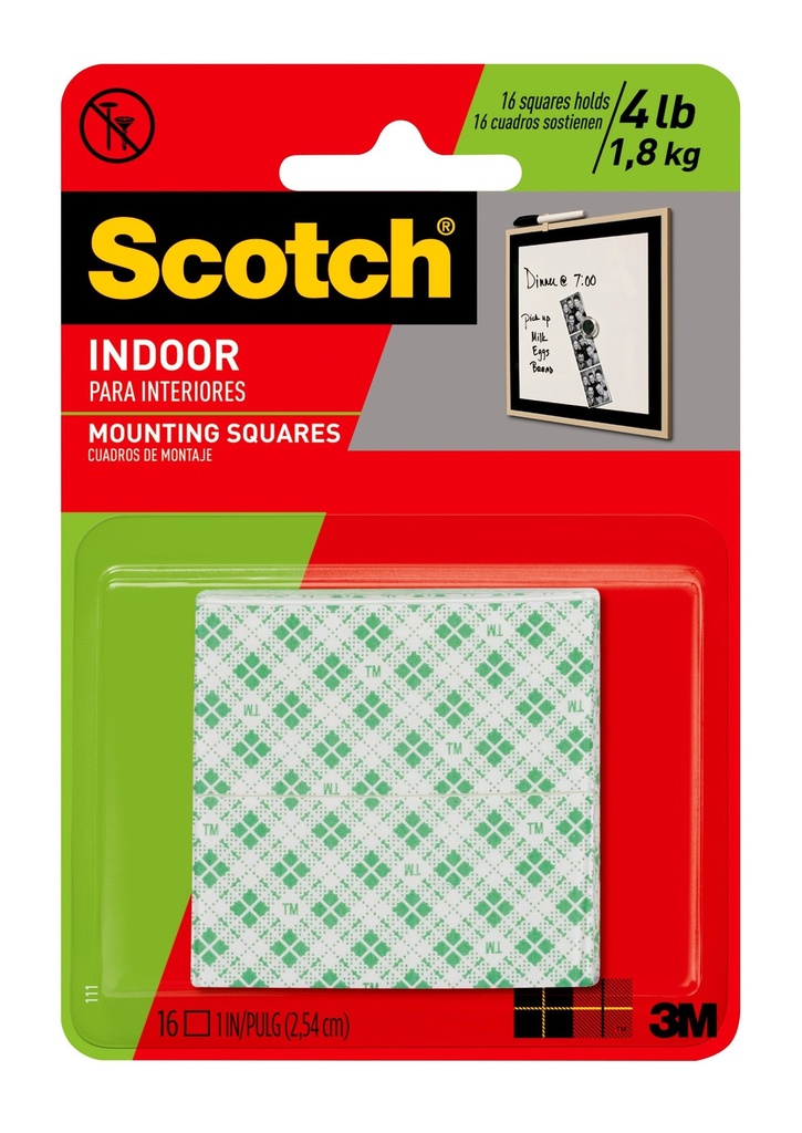 [91644] Permanent High-Density Foam Mounting Tape, 1" Squares, Double-Sided, Holds up to 5 Lbs, White, 16/Pack