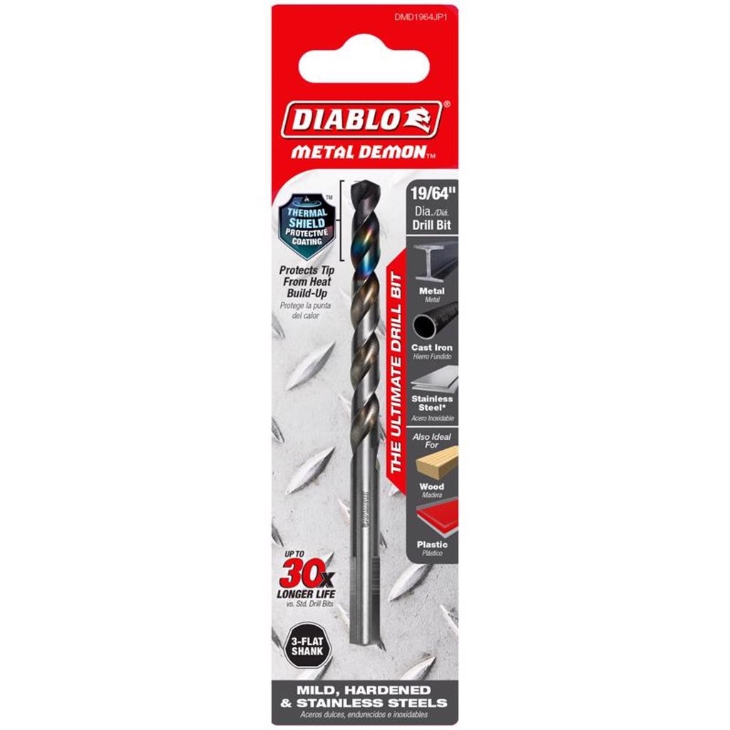 Diablo Metal Demon 19/64 in. X 4.6 in. L Stainless Steel Drill Bit 3-Flat Shank 1 Pc