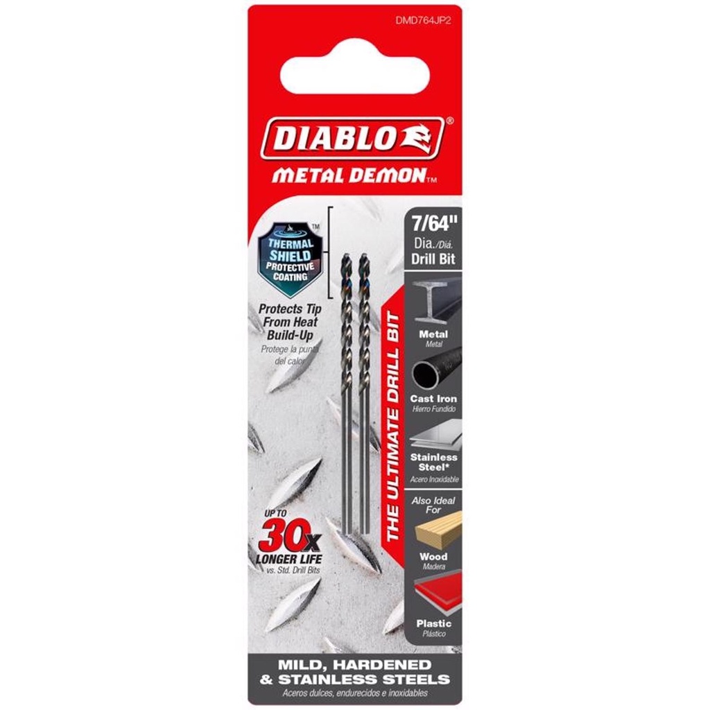 [DMD764JP2] Diablo Metal Demon 7/64 in. X 2.4 in. L Stainless Steel Drill Bit 3-Flat Shank 2 Pc