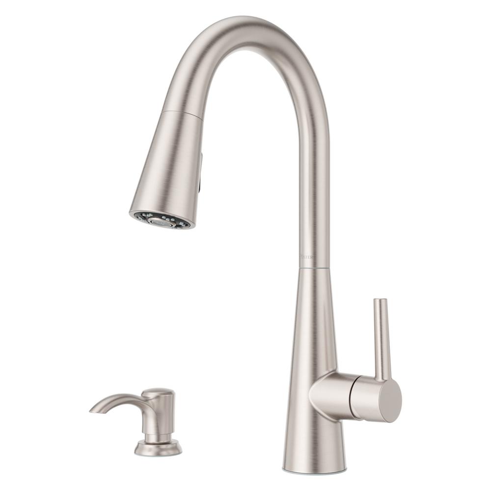 Pfister F-529-7RSSR Rosslyn 1.8 GPM Single Hole Pull Down Kitchen Faucet - Includes Soap Dispenser and Escutcheon Spot Defense Stainless Steel Faucet