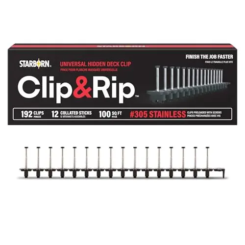 Clip and Rip Hidden Deck Fastening System - 192 Count Stainless Steel Fasteners, 50 Strips with 16 Clips Each, Covers 100 Square Feet, Compatible with