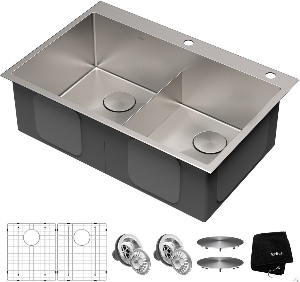 Kraus KHT302-33 Standart Pro 33" Undermount Double Basin Stainless Steel Kitchen Sink with Basin Rack and Basket Strainer Stainless Steel Sinks