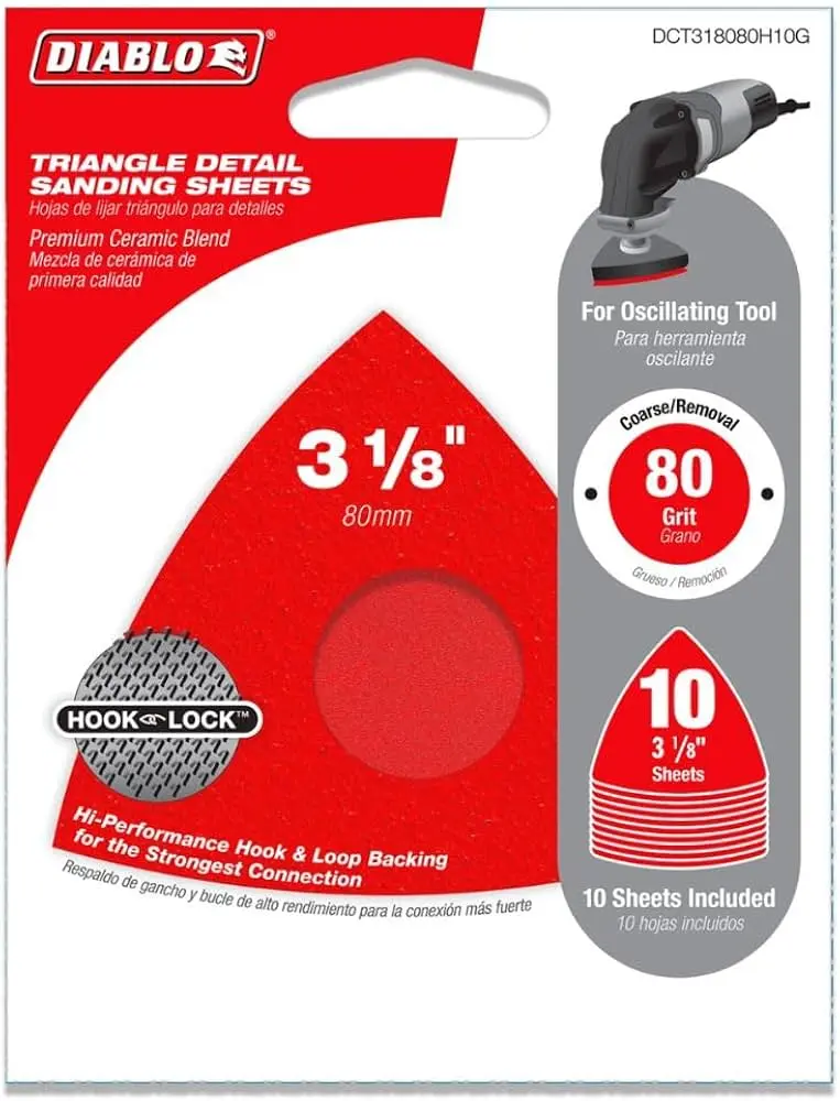 [2009817] Diablo 3-1/8 in. Ceramic Blend Hook and Lock Triangle Sanding Sheets 80 Grit Coarse 10 Pk