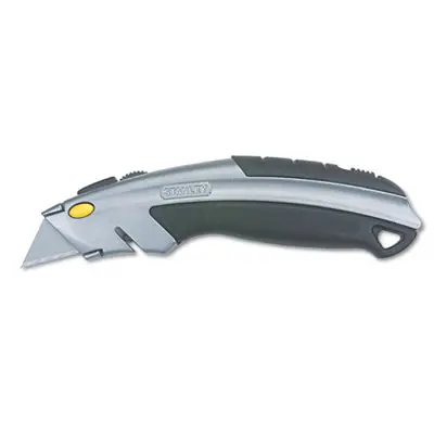Curved Quick-Change Utility Knife, Stainless Steel Retractable Blade, 3 Blades, 6.63" Metal Handle, Black/Chrome