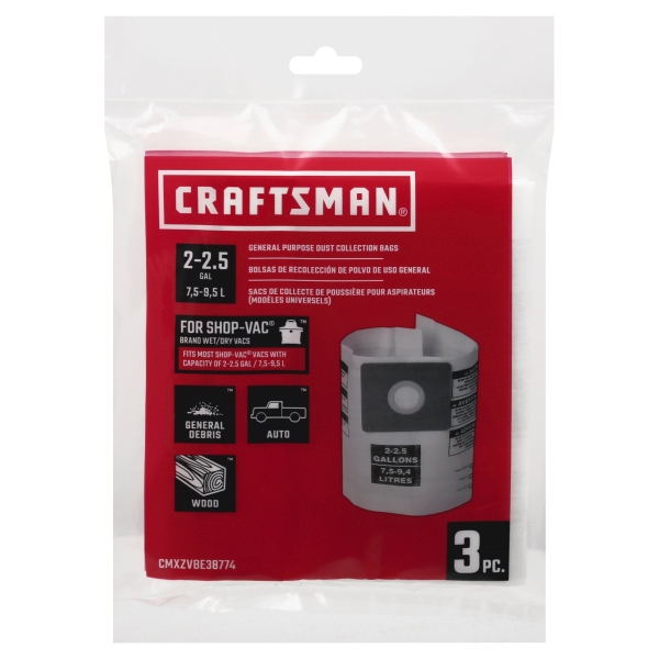 Craftsman 2 in. L X 8 in. W Wet/Dry Vac Filter Bag 2 to 2-1/2 Gal 3 Pc
