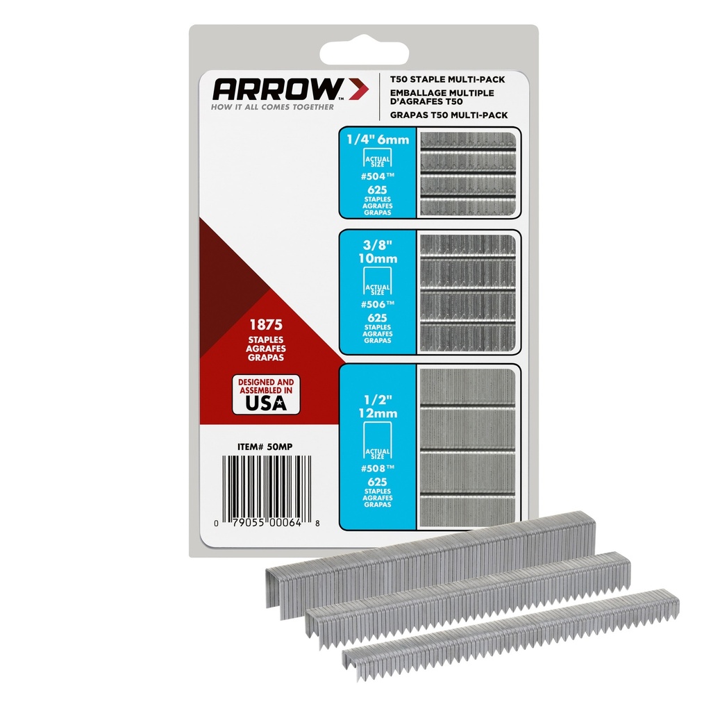 [2400968] Arrow T50 3/8 in. W 18 Ga. Flat Crown Heavy Duty Staple Assortment 1875 Pk