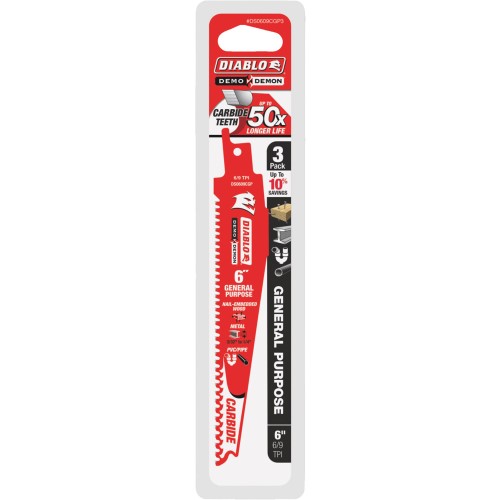 [2806776] Diablo Demo Demon 6 in. Carbide Tipped General Purpose Reciprocating Saw Blade 6/9 TPI 3 Pk