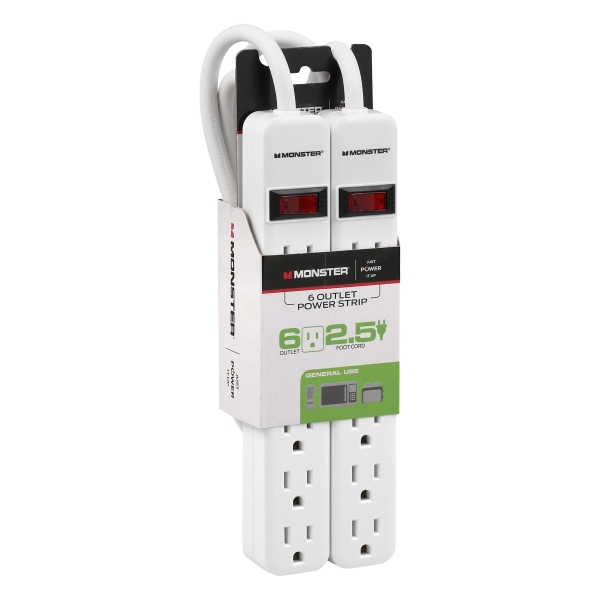 Monster Just Power It up 2.5 Ft. L 6 Outlets Power Strip White