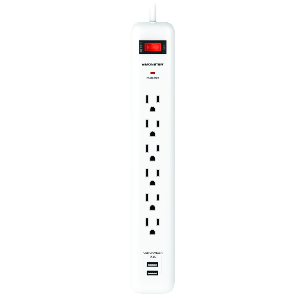 Monster Just Power It up 3 Ft. L 6 Outlets Surge Protector W/USB White 1080 J