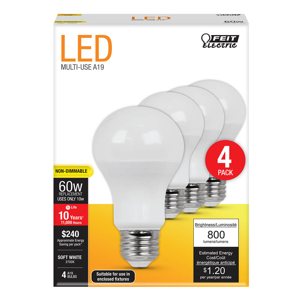 Feit A19 E26 (Medium) LED Bulb Daylight 60 Watt Equivalence 4 Pk