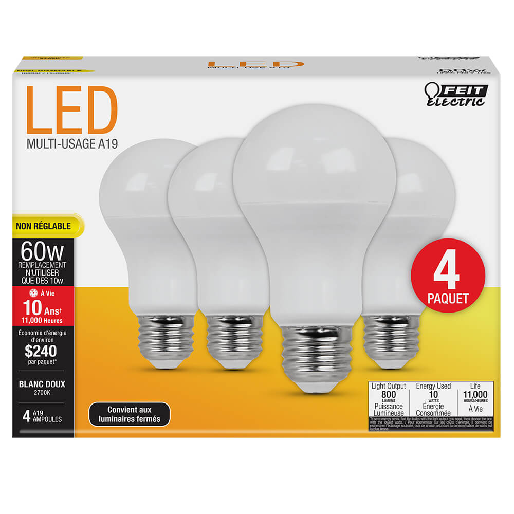 [3001126] Feit A19 E26 (Medium) LED Bulb Soft White 60 Watt Equivalence 4 Pk