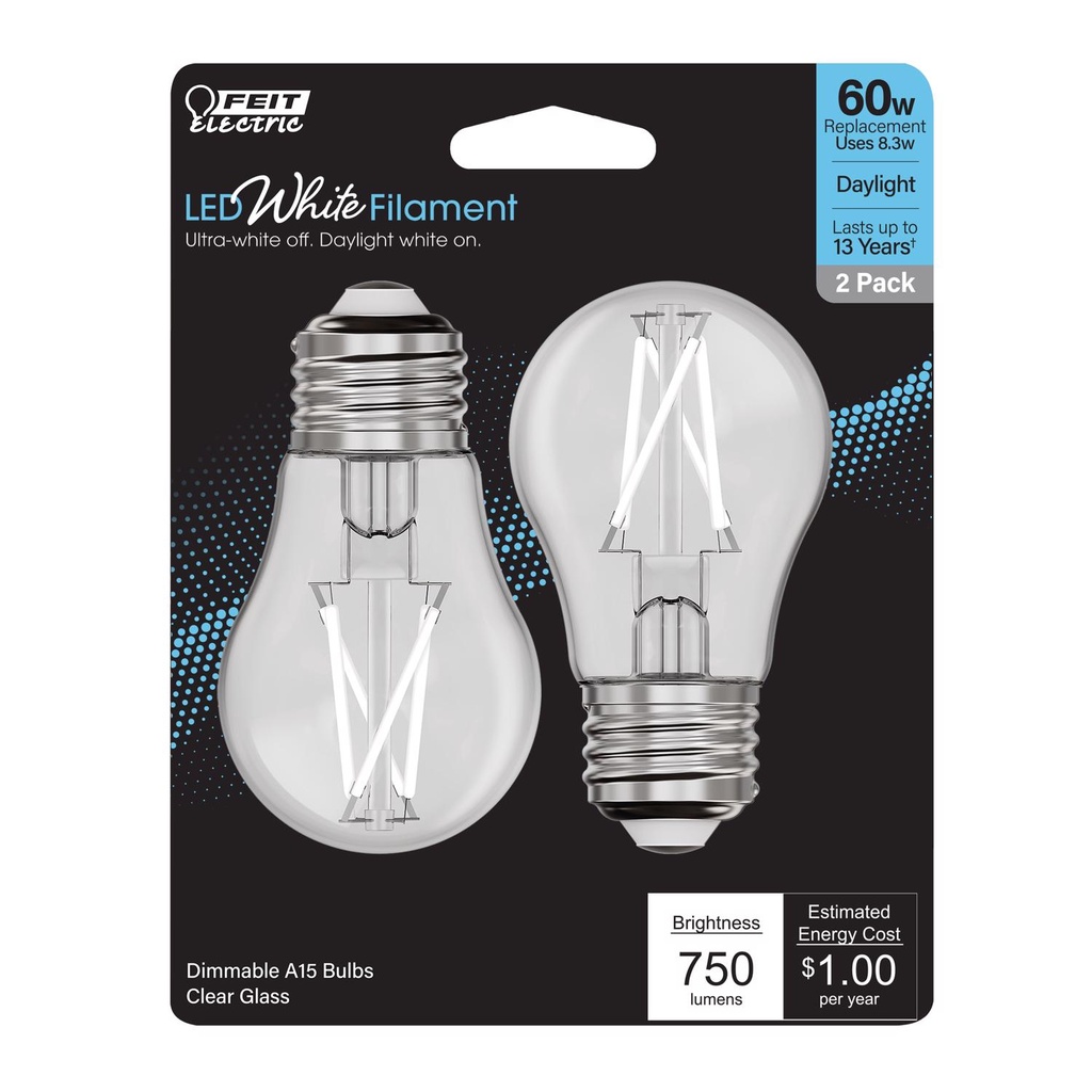 [3013981] Feit White A15 E26 (Medium) Filament LED Bulb Daylight 60 Watt Equivalence 2 Pk