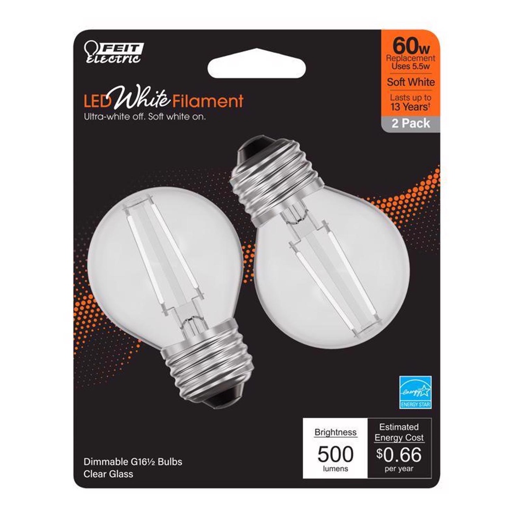 Feit White G16.5 E26 (Medium) Filament LED Bulb Soft White 60 Watt Equivalence 2 Pk