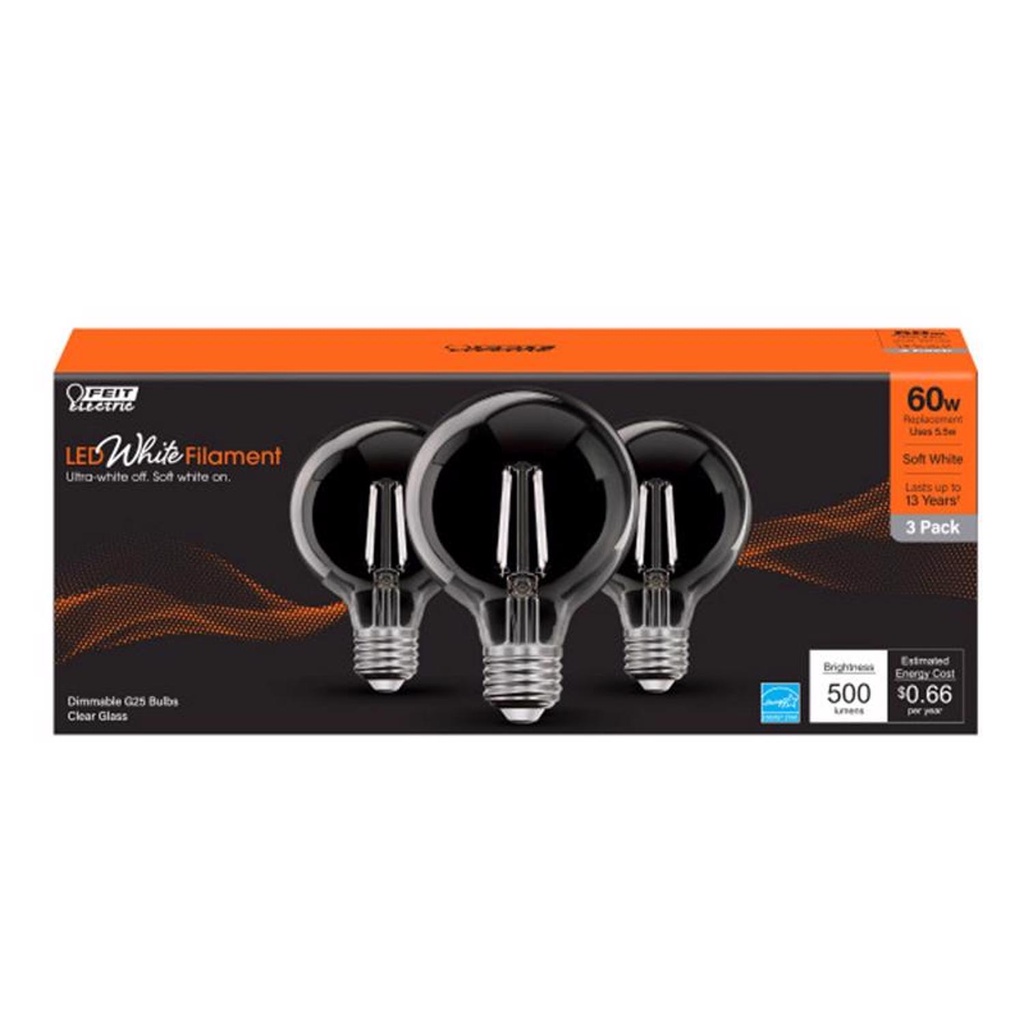 Feit White G25 E26 (Medium) Filament LED Bulb Soft White 60 Watt Equivalence 3 Pk
