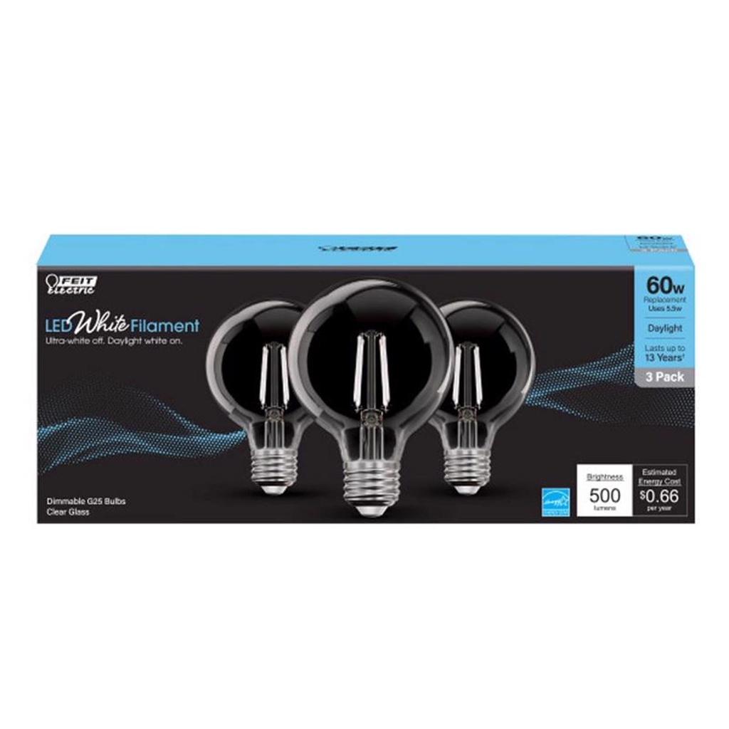 Feit White G25 E26 (Medium) Filament LED Bulb Daylight 60 Watt Equivalence 3 Pk