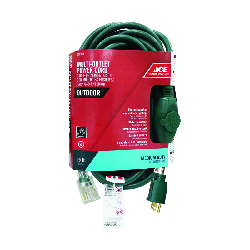 Ace Outdoor 25 Ft. L Green Triple Outlet Cord 14/3 STW