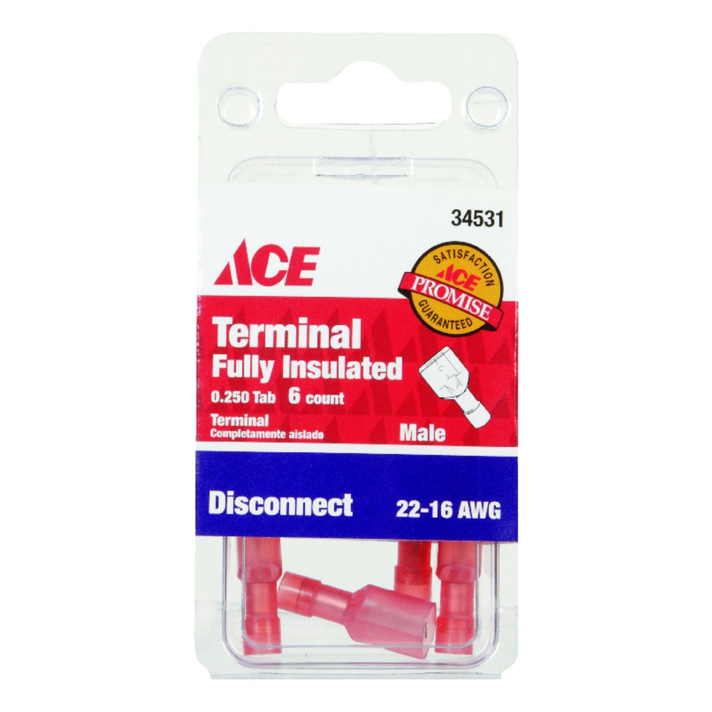 [34531] Ace 22-16 AWG Insulated Wire Male Disconnect Red 6 Pk