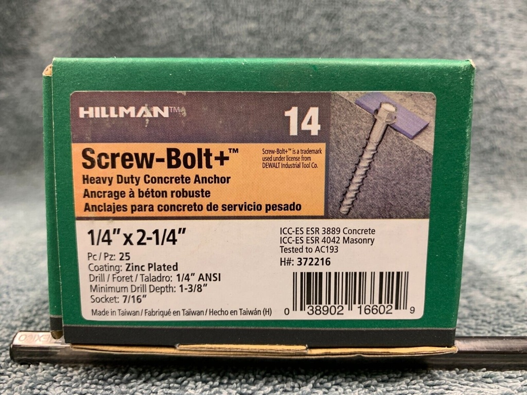 [372216] Hillman Screw-Bolt   1/4 in. D X 2-1/4 in. L Steel Concrete Screw Anchor 25 Pc